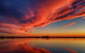 Drone picture of lake Eemmeer right after sunset