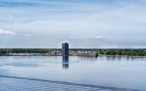Drone picture of sailing boat on lake Gooimeer