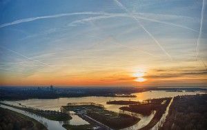 Sunset drone panorama of lake Noorderplassen