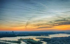 Sunset drone picture of lake Noorderplassen