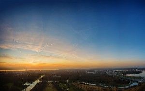 Sunset drone panorama near Almere Castle