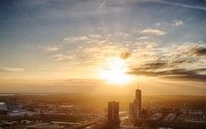 Drone sunset of Almere-Stad city centre