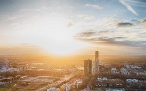 Drone sunset of Almere-Stad city centre