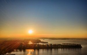 Drone sunset over lake Noorderplassen