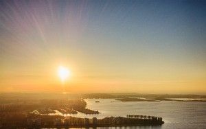 Drone sunset over lake Noorderplassen