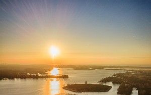 Drone sunset of camping Waterhout next to lake Noorderplassen