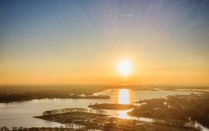 Drone sunset over lake Noorderplassen