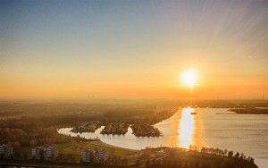 Drone sunset over lake Noorderplassen