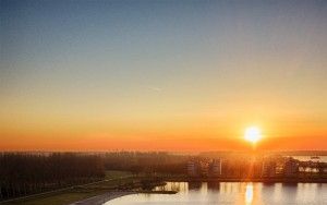 Drone sunset over lake Noorderplassen