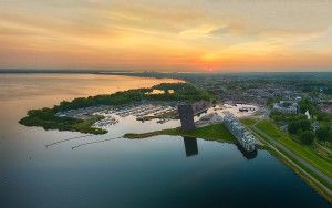 Drone sunset panorama over lake Gooimeer