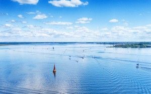 Boats on lake Gooimeer on a summer day