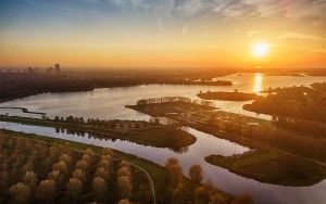 Autumn drone sunset over lake Noorderplassen