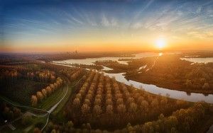 Autumn drone sunset panorama of lake Noorderplassen