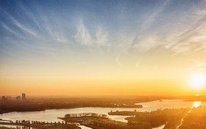 Autumn drone sunset over lake Noorderplassen