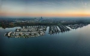 Drone panorama of the Noorderplassen neighbourhood during sunset