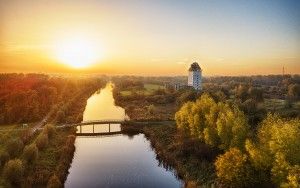 Autumn drone sunset over Almere Castle