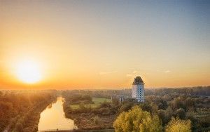 Autumn drone sunset over Almere Castle