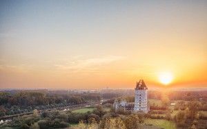 Autumn drone sunset over Almere Castle