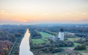Autumn drone sunset over Almere Castle