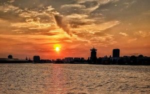 Sunset over the IJ river in Amsterdam