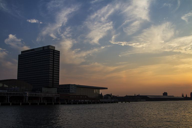 Sunset over the IJ river in Amsterdam