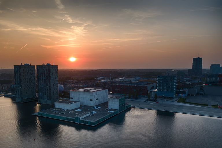 Drone sunset over Almere city centre