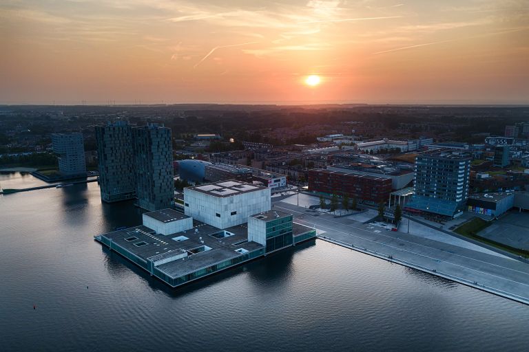 Drone sunset over Almere city centre