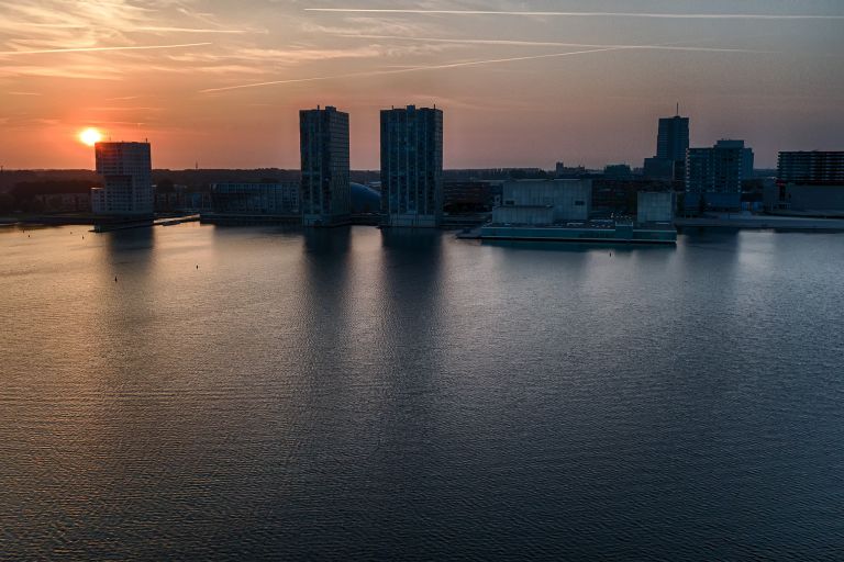 Drone sunset over Almere city centre