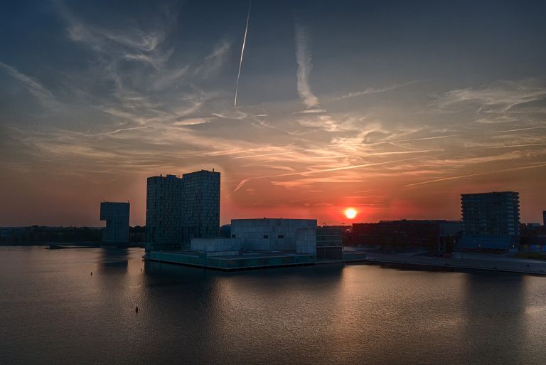 Drone sunset over Almere city centre