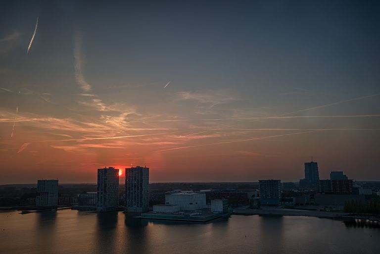 Drone sunset over Almere city centre