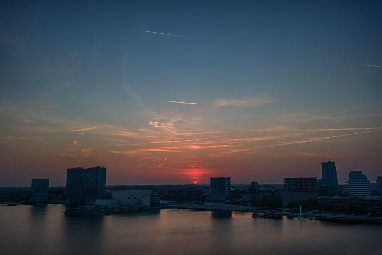 Drone sunset over Almere city centre