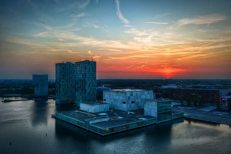 Drone sunset over Almere city centre