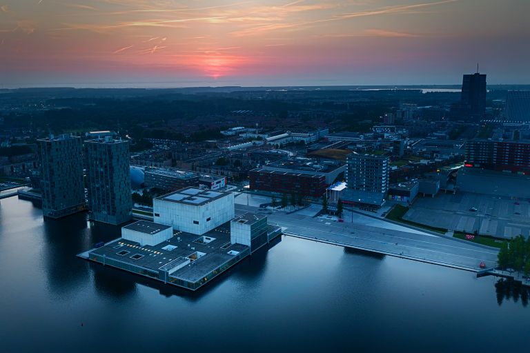 Drone sunset over Almere city centre