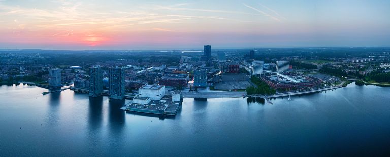 Panorama sunset over Almere city centre by drone