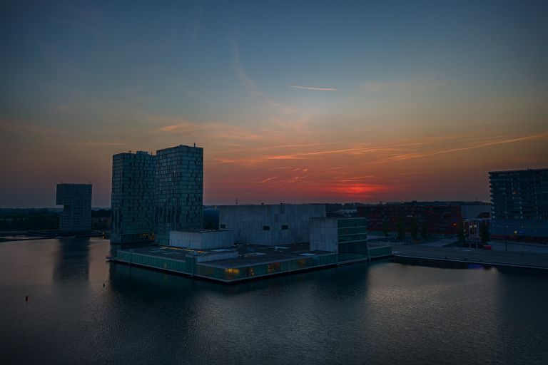 Drone sunset over Almere city centre