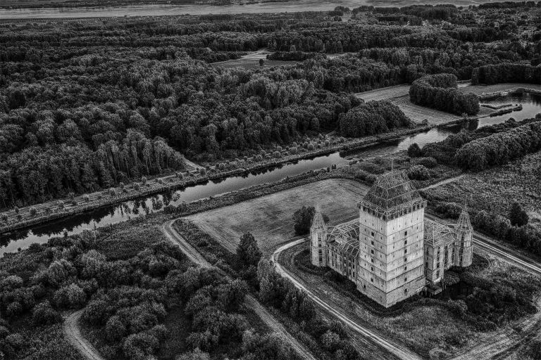 Black & white drone picture of Almere Castle