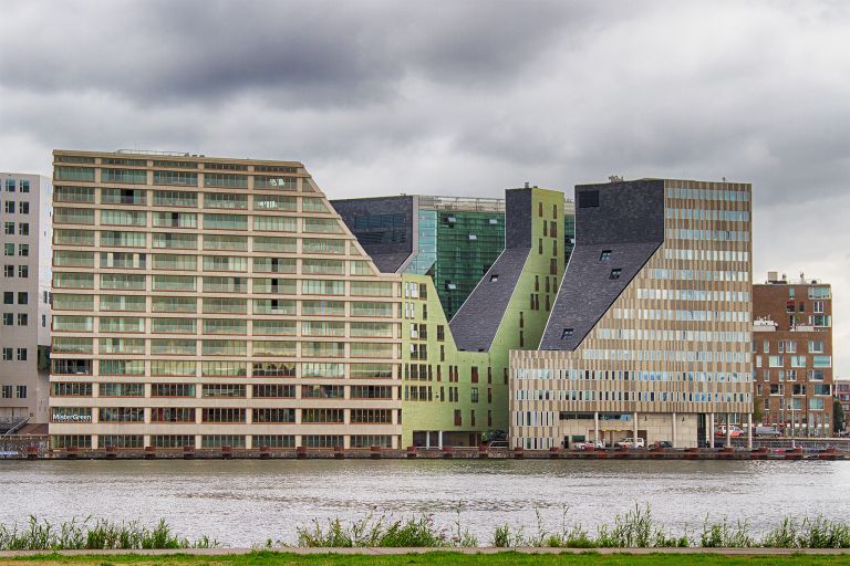 Buildings next to IJ river in Amsterdam