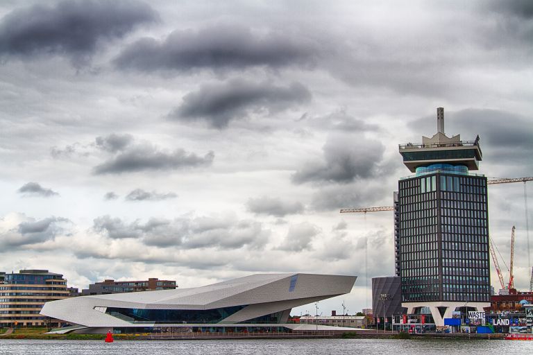 EYE film museum and A'DAM Toren on a cloudy day