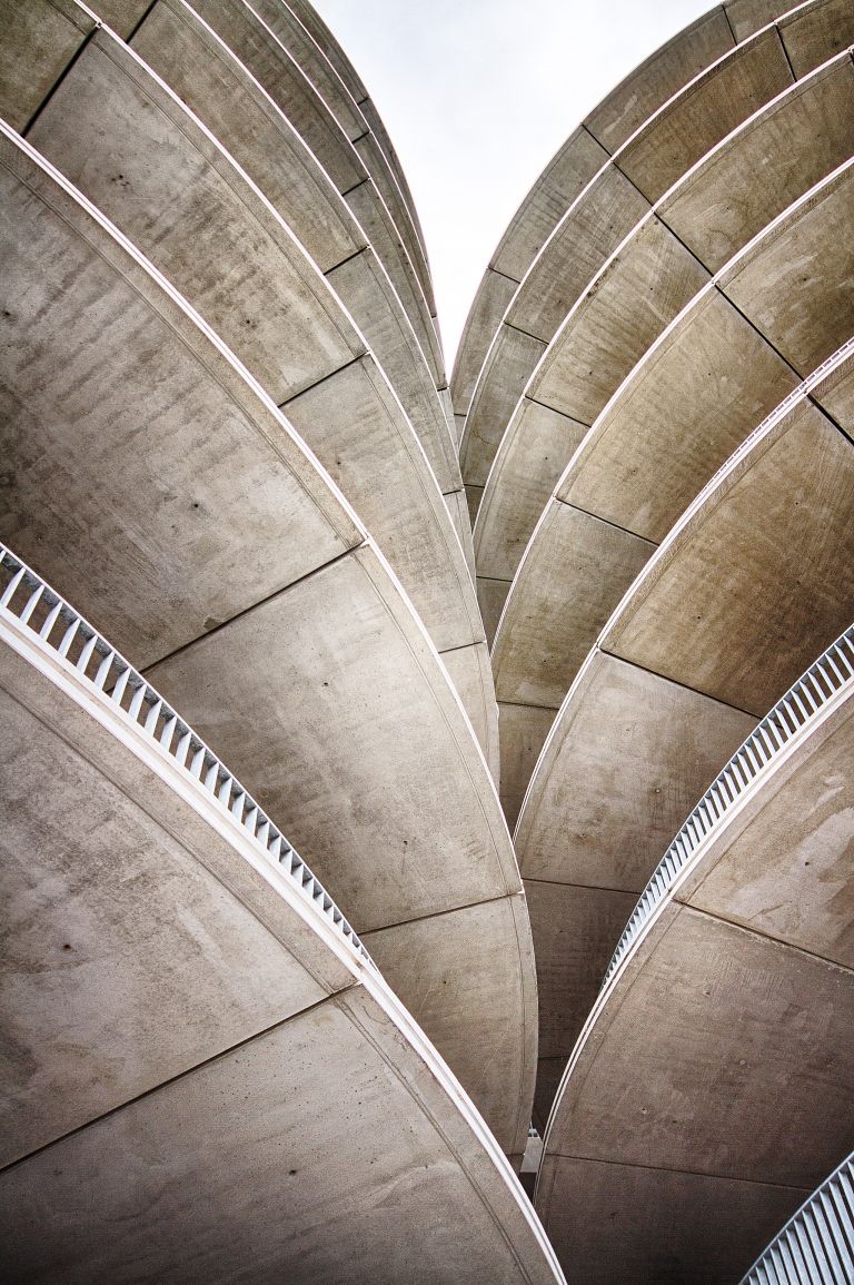 Looking up at the parking garage entrance