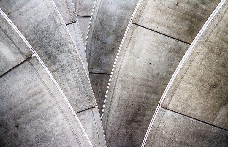 Looking up at the parking garage entrance of RAI