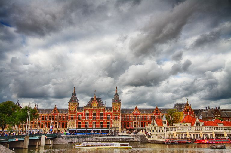 Amsterdam Central Station on a cloudy day