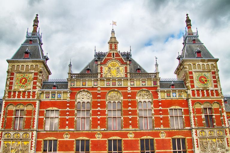 Looking up at Amsterdam Central Station