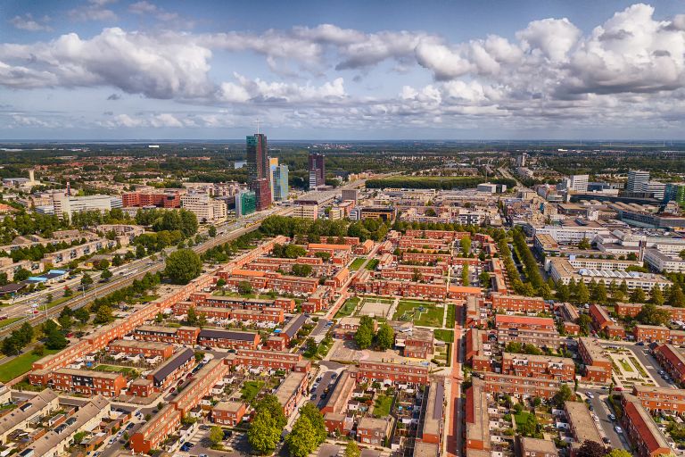 Drone view of the Stedenwijk neighbourhood in Almere