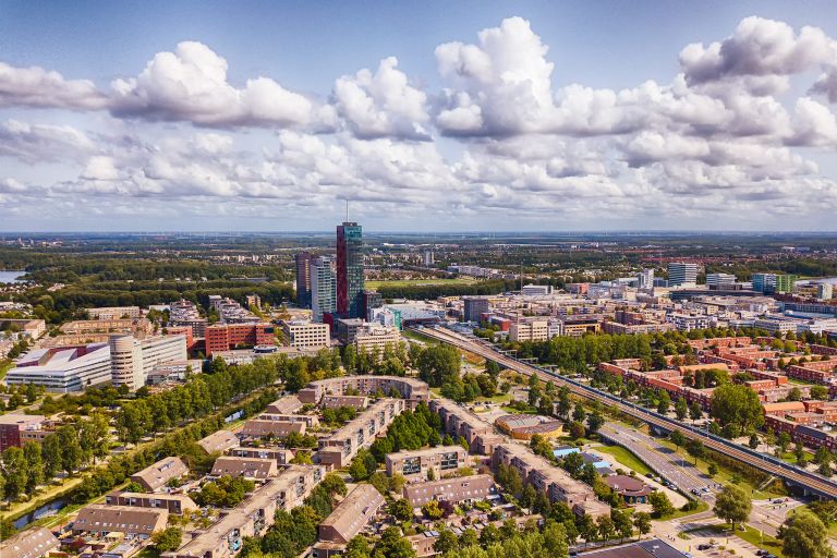 Drone view of business district of Almere