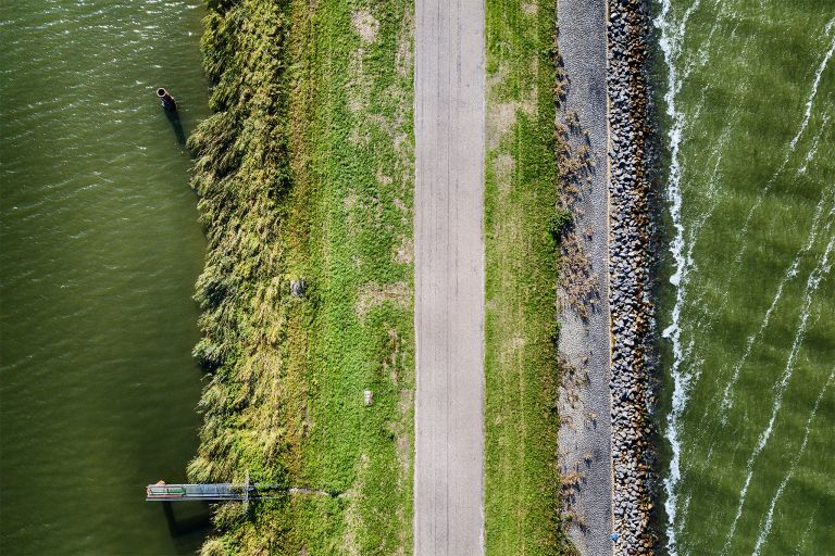 Top-down drone picture of of a dike