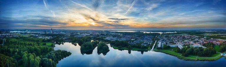 Sunset drone panorama of lake Leeghwaterplas