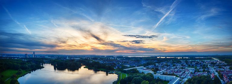 Panorama of lake Leeghwaterplas during sunset