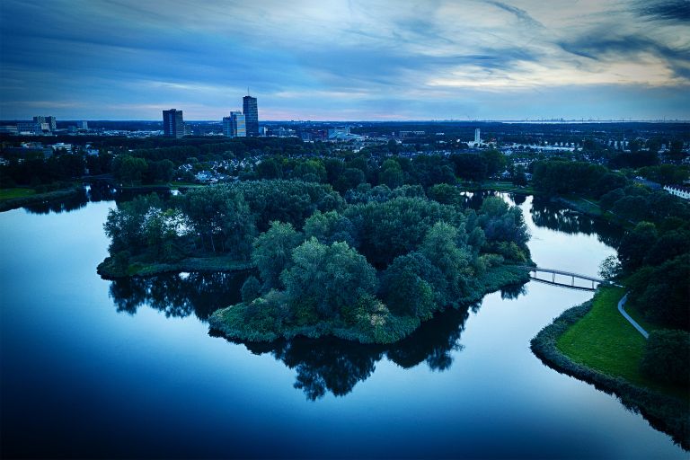 Sunset drone picture of lake Leeghwaterplas