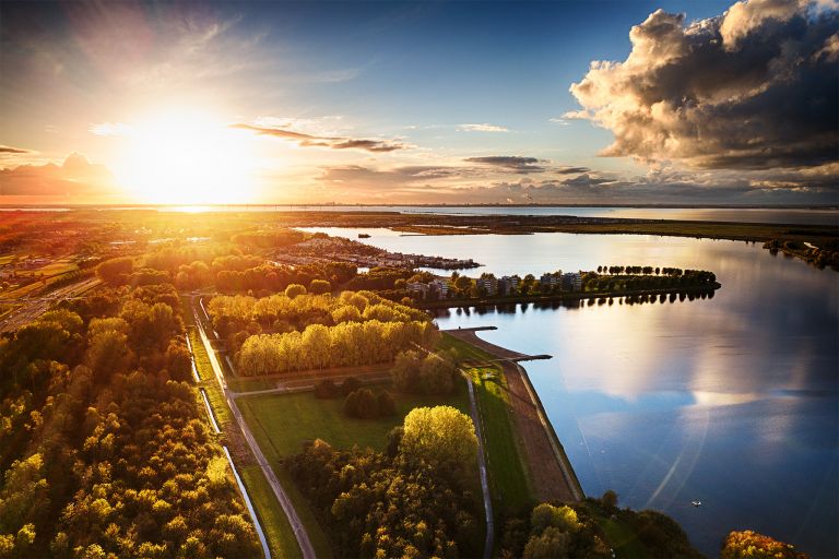 Autumn sunset by drone at Noorderplassen