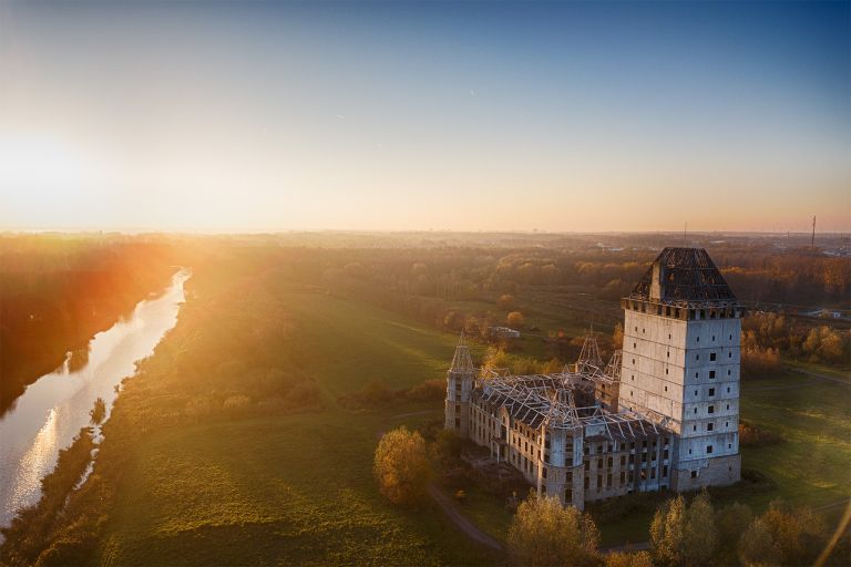 Drone sunset at Almere castle